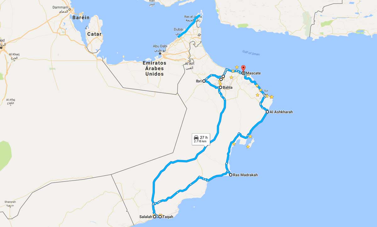 Mapa del viaje a Omán